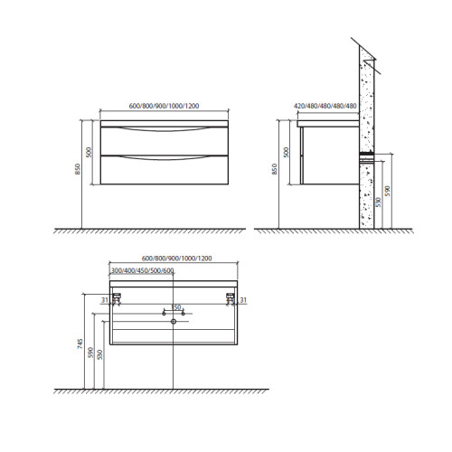 ANCONA-N Мебель для ванной подвесная с двумя выкатными ящиками ANCONA-N-1000-2C-SO-WO Rovere Bianco, 1000x480x450