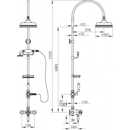 Душевая колонна с термостатическим смесителем, верхним и ручным душем   CEZARES BOHEMIA-S-CD-T-02-Bi